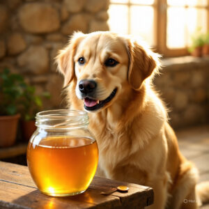 a happy golden retriever sitting beside a glass jar of honey 