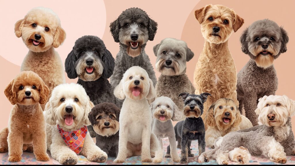 Multiple non-shedding dog breeds in a single composite image
